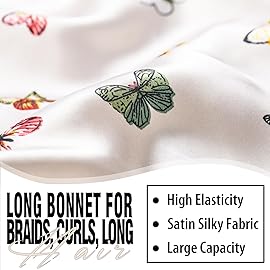 2Pcs Bonnets for Black Women Braid Bonnet, Large Long Satin Bonnet for Braids, Silk Bonnet with Stretchy Tie Band Sleep Cap Hair (2Pcs-Black-Silver Pattern)