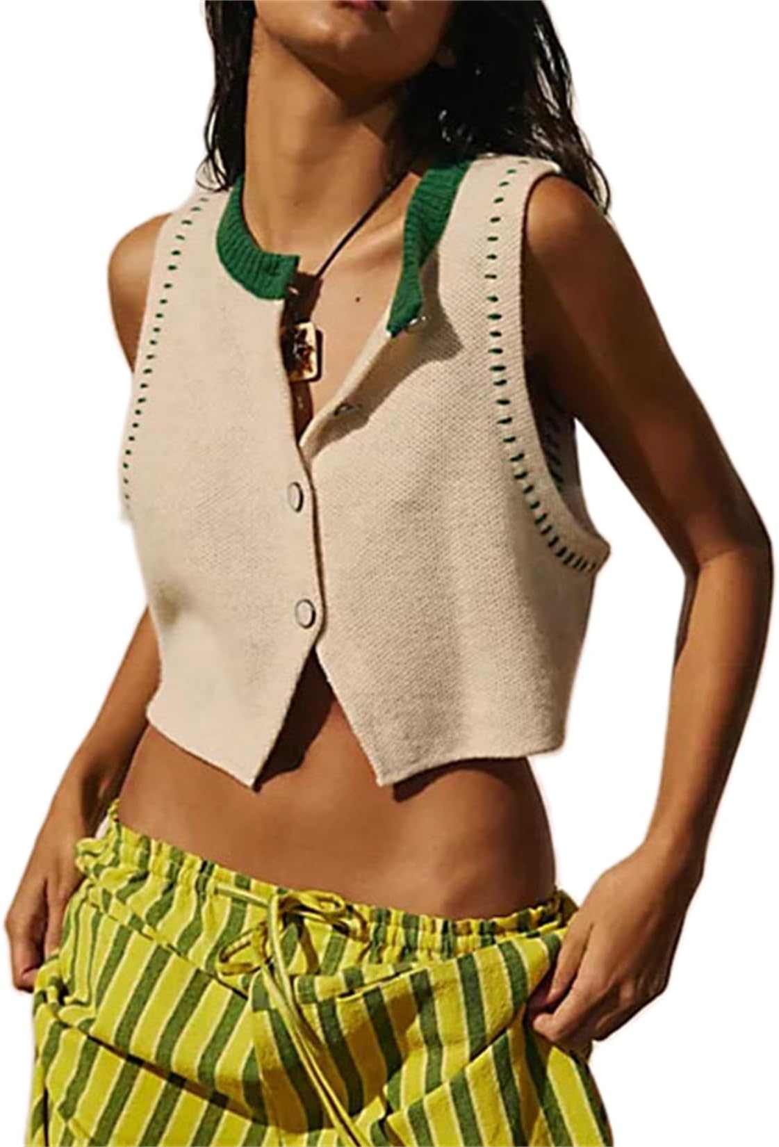 Women Y2k Knitted Tie Front Vest Casual Relax Fit Crochet Sleeveless V Neck Button Down Tank Top Vintage Going Out Top