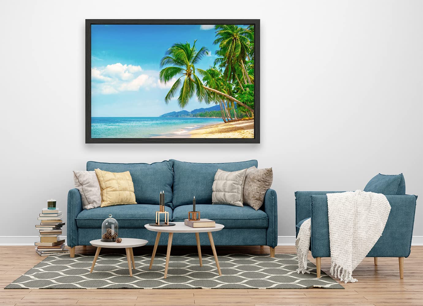 VERRE ART Black Floater Framed Canvas - Wall Decor for Living Room, Bedroom, Office, Hotels, Drawing Room (60in X45in) - Sunny Beach Shorline