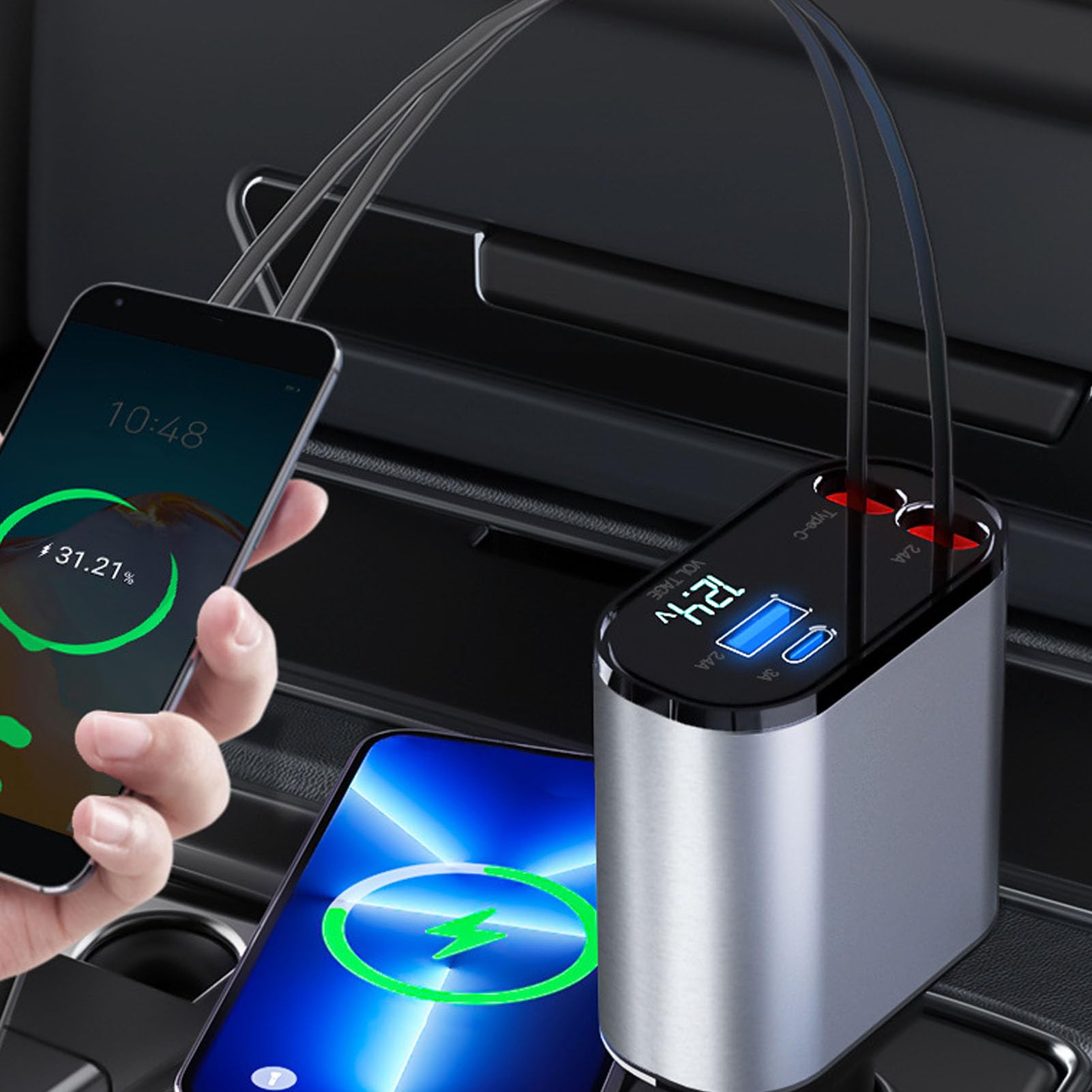 Schnelles Auto-Handy-Ladegerät, Einziehbares Auto-Ladegerät, 4-in-1, 120 W, Schnelles Auto-Handy-Ladegerät, Typ-C-Autoladegerät-Adapter mit 2 Kabeln und 2 USB-Anschlüssen für