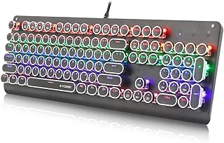 E-YOOSO K600 Retro Mechanical Gaming Keyboard 104 Key, Rainbow LED Backlit Typewriter Keyboard for PC Desktop, Black (Blue Switch)