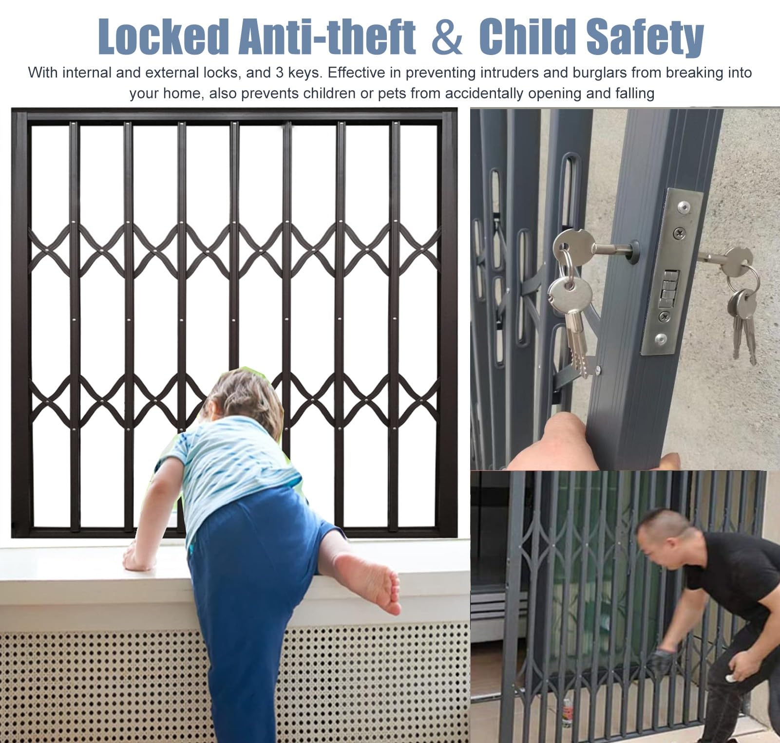 Barras de seguridad para ventanas, dispositivos de seguridad plegables de metal ajustables con cerraduras.
