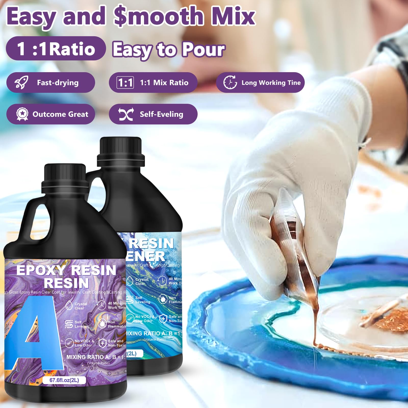 Resina Epossidica Trasparente 4l/135.2oz, Kit Resina Epossidica Completo, Kit Resina per Creazioni, Resina Trasparente, Resina Kit, Epoxy Resin per Gioielli fai da te,Orecchini,Legno,Stampi