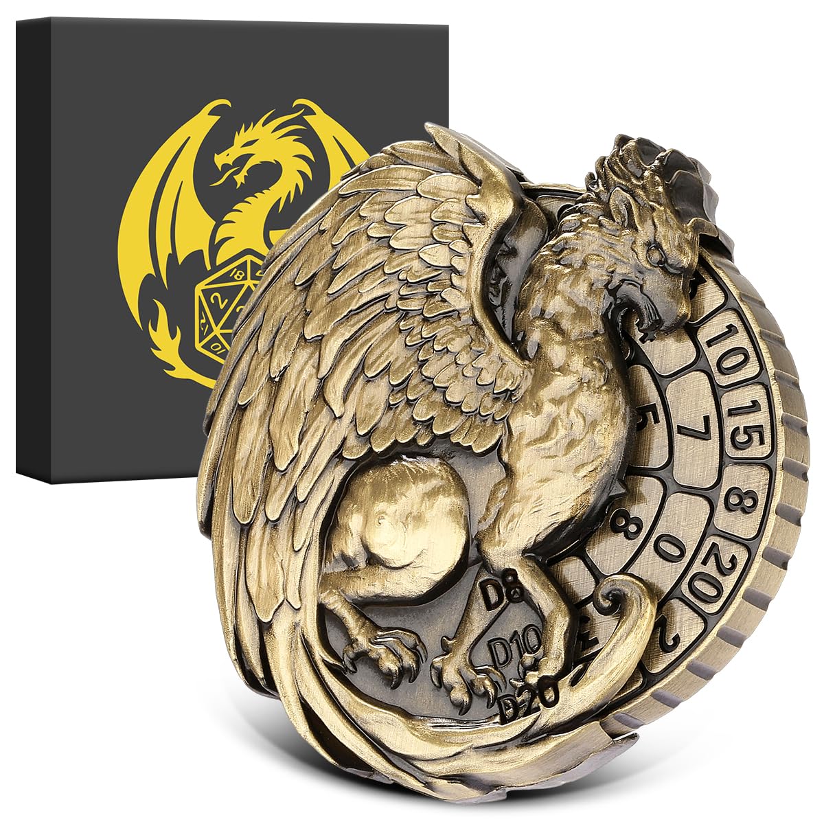 7-in-1 Griffin Fingertip Gyro, DND Wheel Dice Spiner, DND Starter Set, 7-in-1 Metal D&D Dice Set, D&D Gifts with Dragon Logo Gift Box, Tabletop Games, Role Playing Board Game Accessories, Bronze