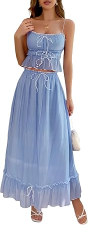 2026 Summer 2 Piece Maxi Skirt Set for Women Y2k Bow Tie Crop Top Flowy Ruffle Tiered Dress Vacation Beach Outfit