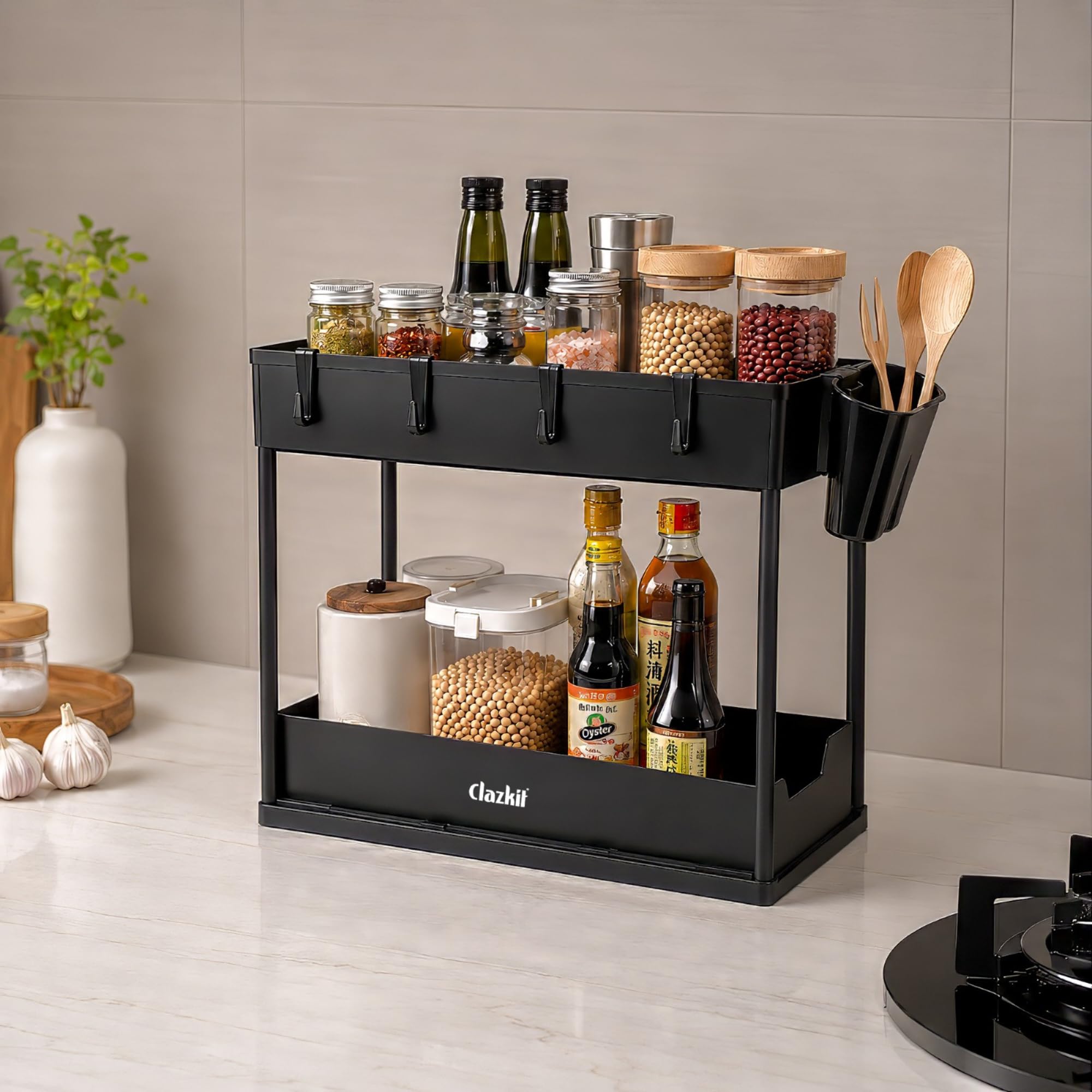 Clazkit 2-Tier Under Sink Organizer for Kitchen & Bathroom | Pull-Out Cabinet Storage Rack with Hooks & Hanging Cup | Multi-Purpose Organizer for Cleaning Supplies, Toiletries & Accessories | Black-image-47
