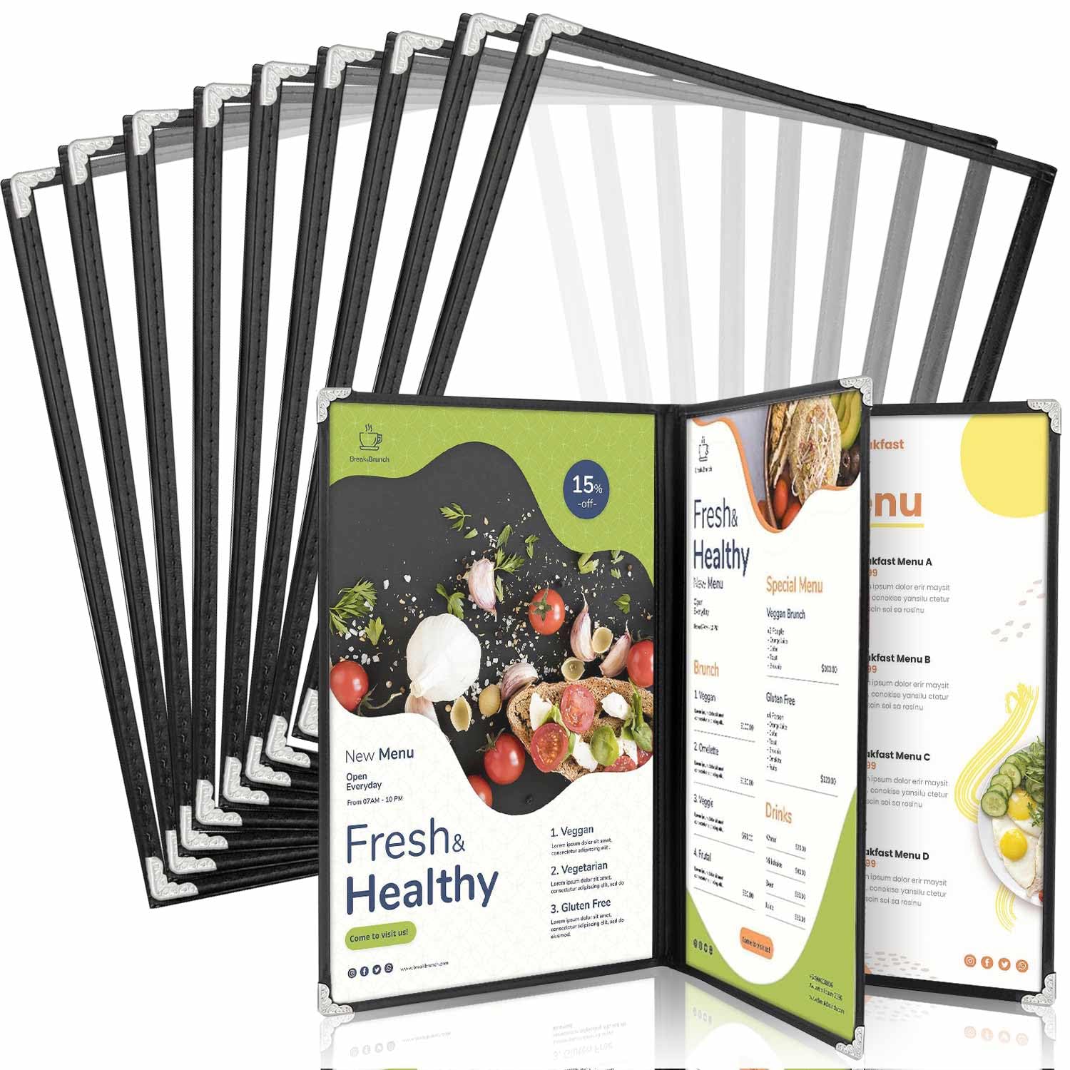 10 Pack A4 Menu Covers, WenYa Clear Recipe Card Holders with Black Trim & Metal Corners, Waterproof Plastic Restaurant Menu Holders for Cafés, Pubs & Home Use - 3 Pages(Book-Style) (6 Views)