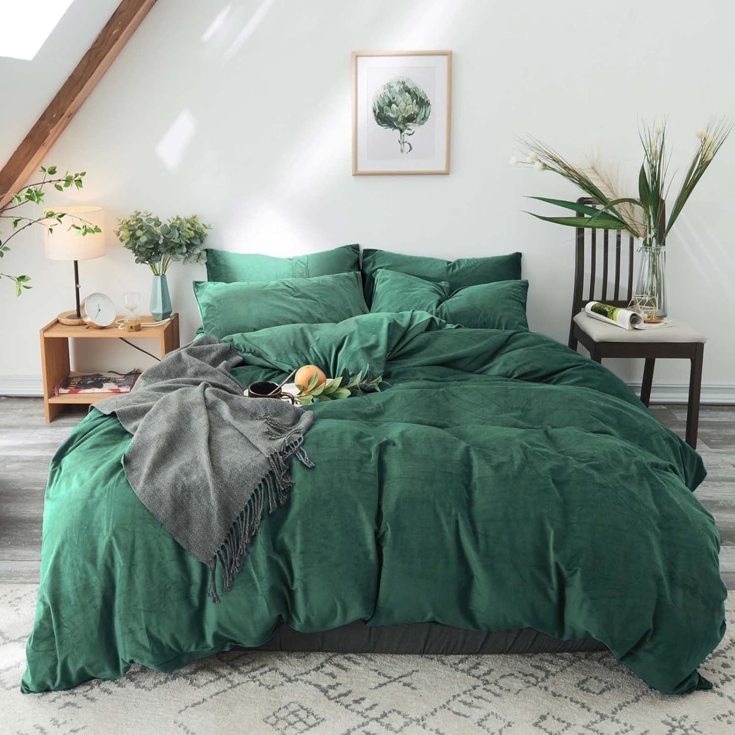 Emerald Green Velvet Duvet Cover - Ultra Soft Luxurious 3PCS Set With Zipper Closure and Corner Ties (Dark Sage, Queen 90"90")