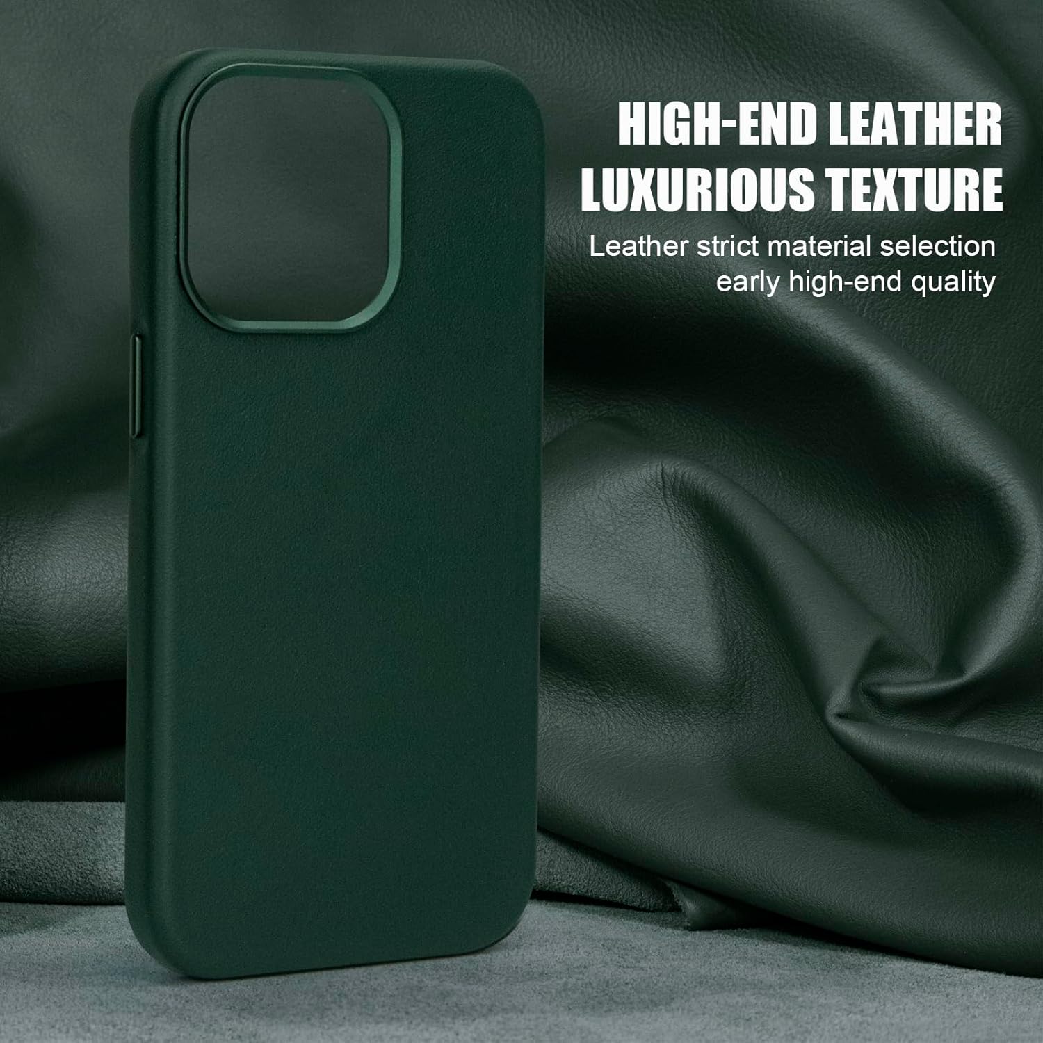for iPhone 15 Pro Max Leather Case | Genuine Full Grain Leather| Compatible with MagSafe and Wireless Charging | Metal Buttons Camera Bezel | Slim Fit-Drop and Scratch Resistant(Green) - Image 2