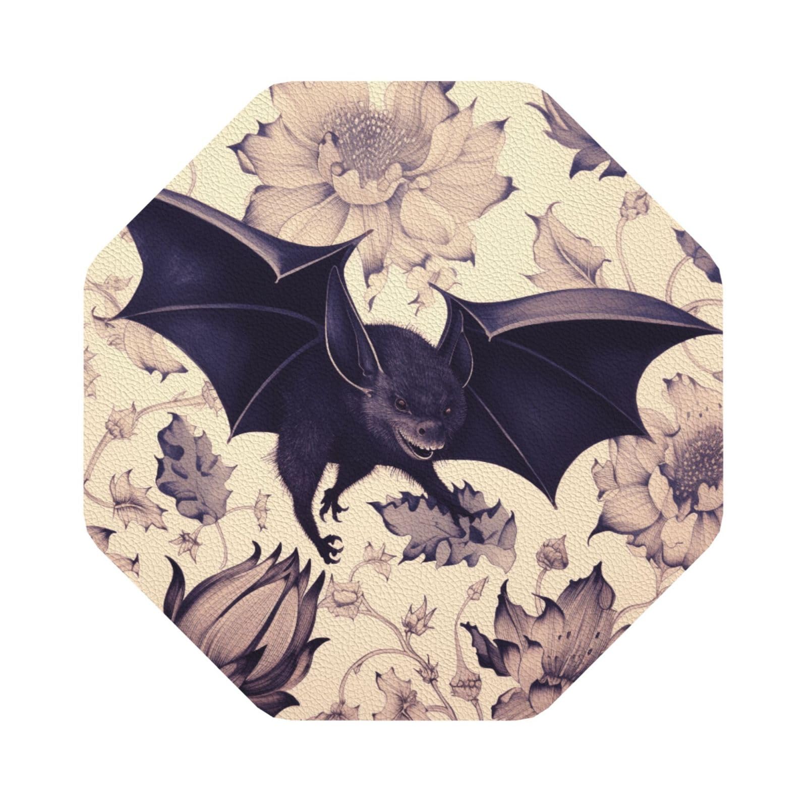Bat Print Print Leather Coaster Set of 6, Octagon Coasters Table Decorative Coffee Cup Beverage Coasters Wine Beer Bar Coasters for Hot Drinks Table Protection