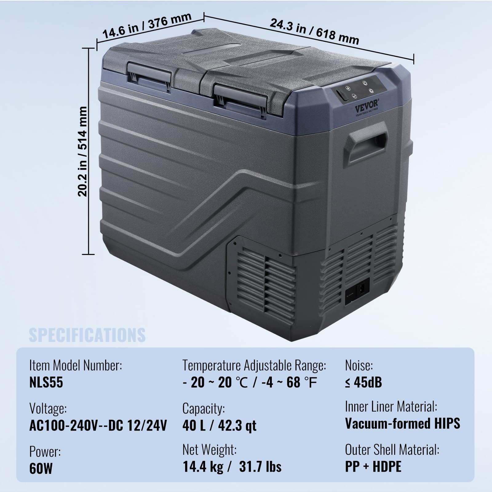 VEVOR Nevera de Compresión Portátil 40 L Mini Nevera para Coche de Doble Zona Temperatura Ajustable de -20 °C a 20 °C Nevera Portátil 12/24 V CC y 100-240 V CA para Camión, Barco, Casa, Camping