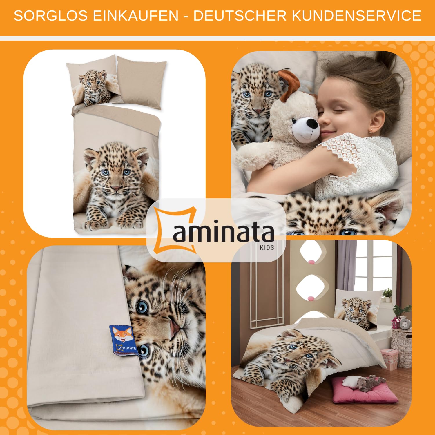 Aminata kids Bettwäsche 135x200 cm Leopard Safari Tiermotiv 100% Baumwolle für Kinder und Jugendliche mit Reißerschluss Geschenktipp Jungen Mädchen
