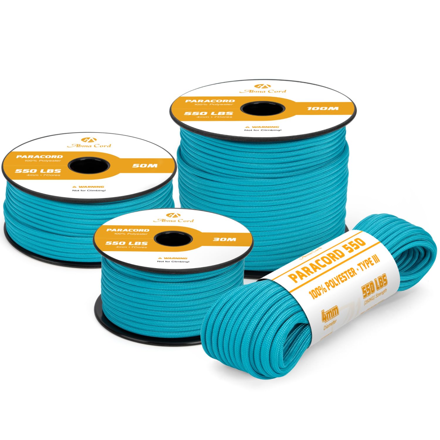 Abma Cord 550 Paracord 4mm 30m Rope 7 Strands Type III Parachute Cord for Crafting, Camping, Survival, Outdoor - Max. 250kg - Turquoise