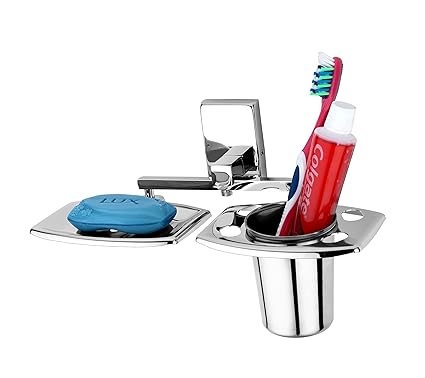 GRIVAN Square Shape Wall Mount Stainless Steel Toothbrush Holder with Soap Dish, Tumbler Stand soap and Brush Holder for Bathroom, Toothbrush Stand, Bathroom Accessories and Fittings