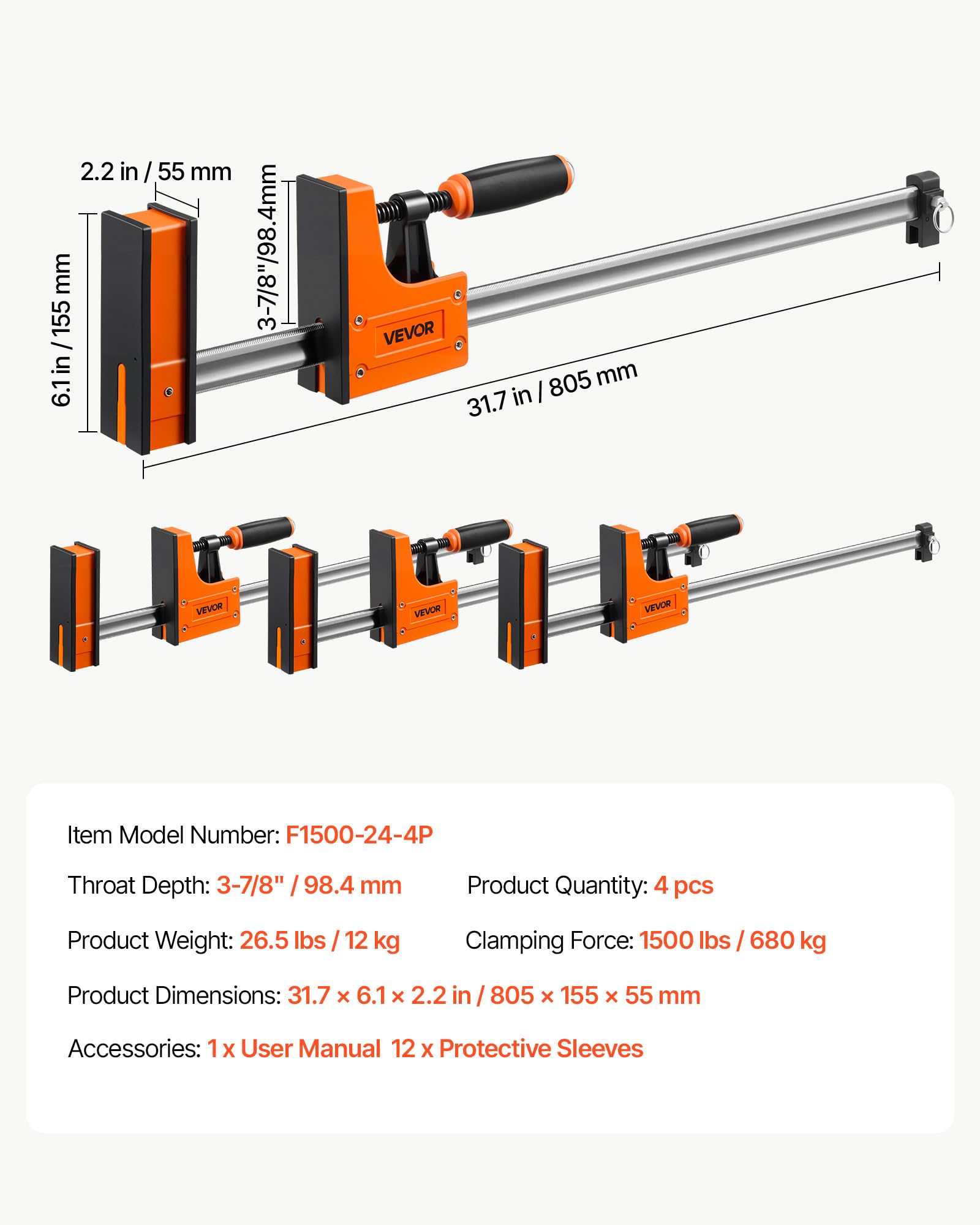 VEVOR Serre-joints à Barre 4 PCS Pince en F Ouverture 60,96 cm Force 680 kg, 2 Modes Pince/Écarteur, Patins en Caoutchouc, Poignée Ergonomique, Barre en Acier au Carbone, pour Travaux du Bois et Métal