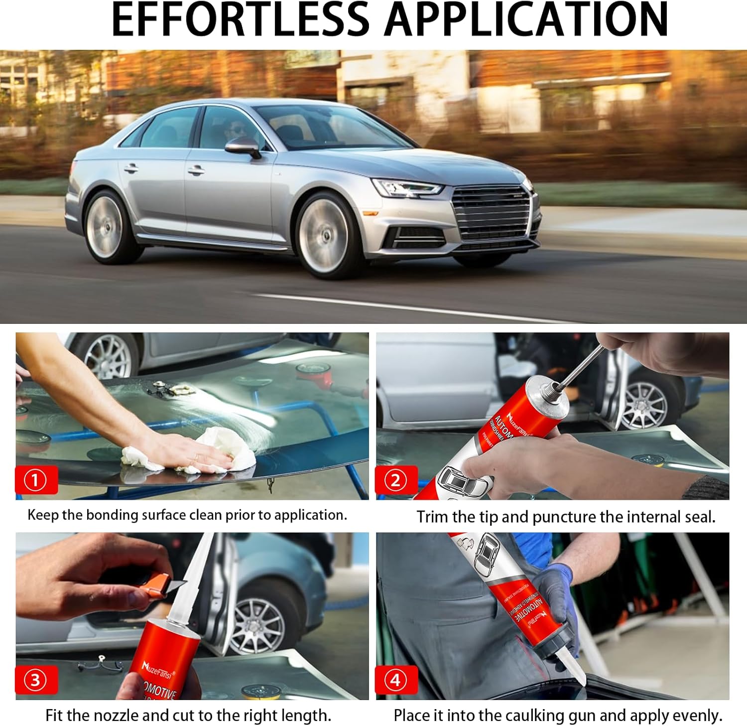 Polyurethane Windshield Adhesive–Weatherproof, Fast Curing Auto Glass Sealant for Car, RV, Truck Windows, Easy to Use Windshield Glue, Black(4 Pack, 10.1 fl oz)