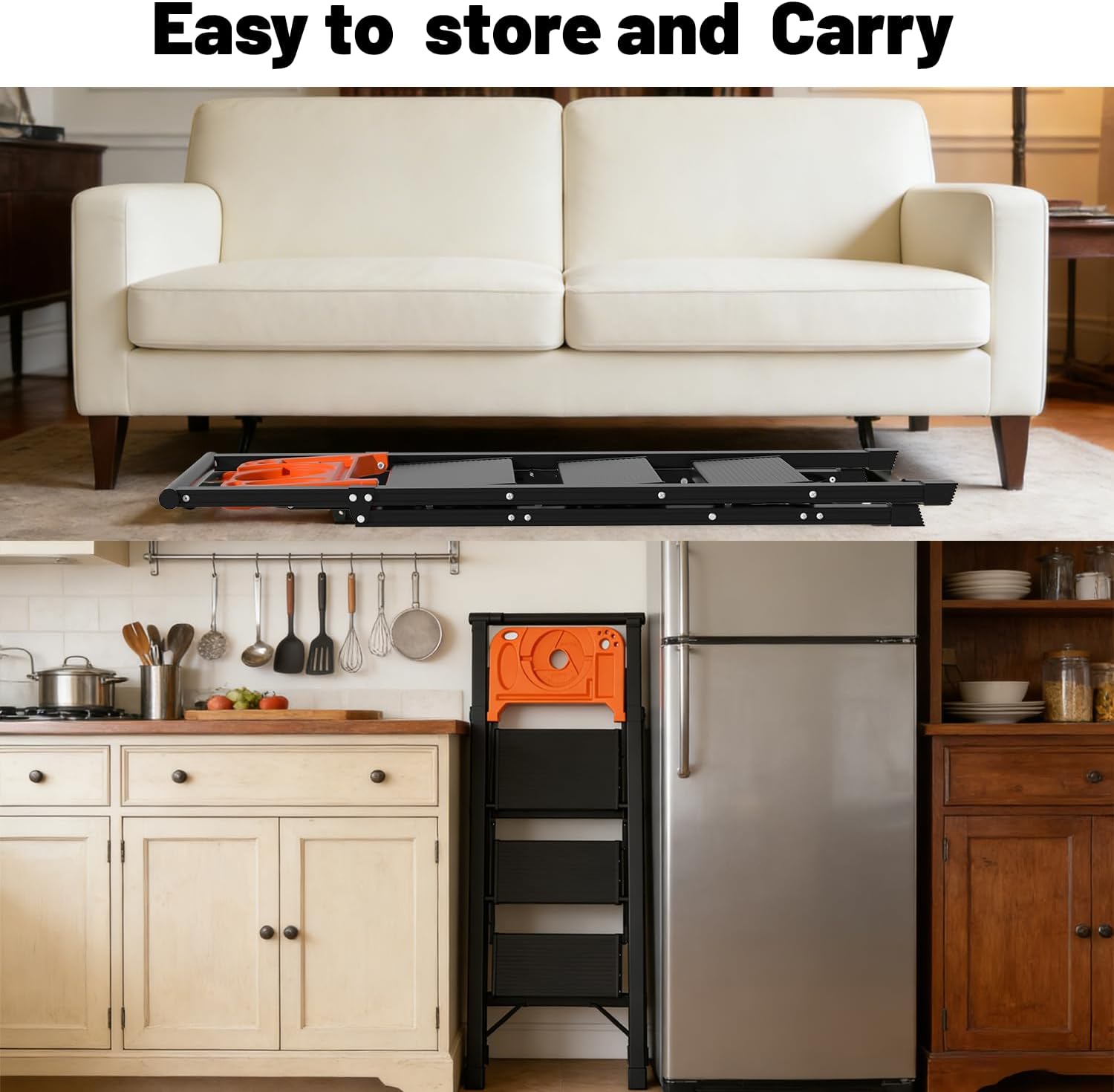Aluminum 3 Step Ladder with Tool Tray - 600lbs Heavy Duty Lightweight Step Stool with Extended Handrails, Work Platform for Home Maintenance & DIY Projects (Black&Orange)