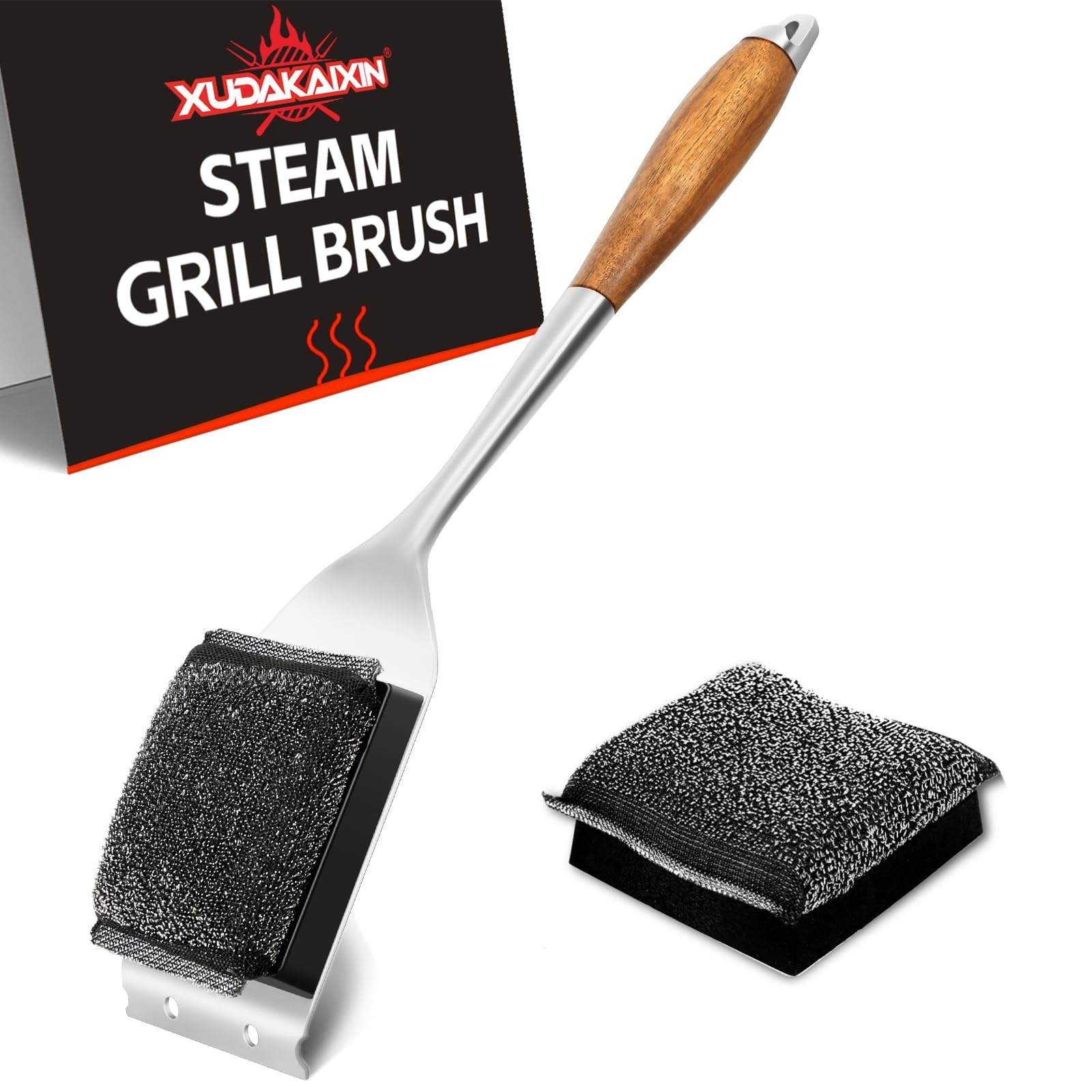 XUDAKAIXINGrill Brush Bristle Free,Upgraded Water-Activated Steam Effectively Cleans The Grill with 1 Replacement Head.Unique Steel Fibers for Porcelain/Weber Gas/Charcoal Grill,Gift for Men/Dad