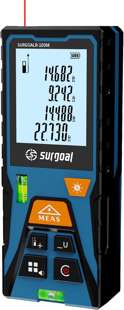 Medición de distancia láser LCD retroiluminada con niveles de burbuja Brillo mejorado 328 pies | Área / Volumen / Pitágoras, Conmutación de unidad pies/pulg.+pulg./M, incluye pilas AAA, regalo para proyectos de interior de carpintería DIY para el hogar