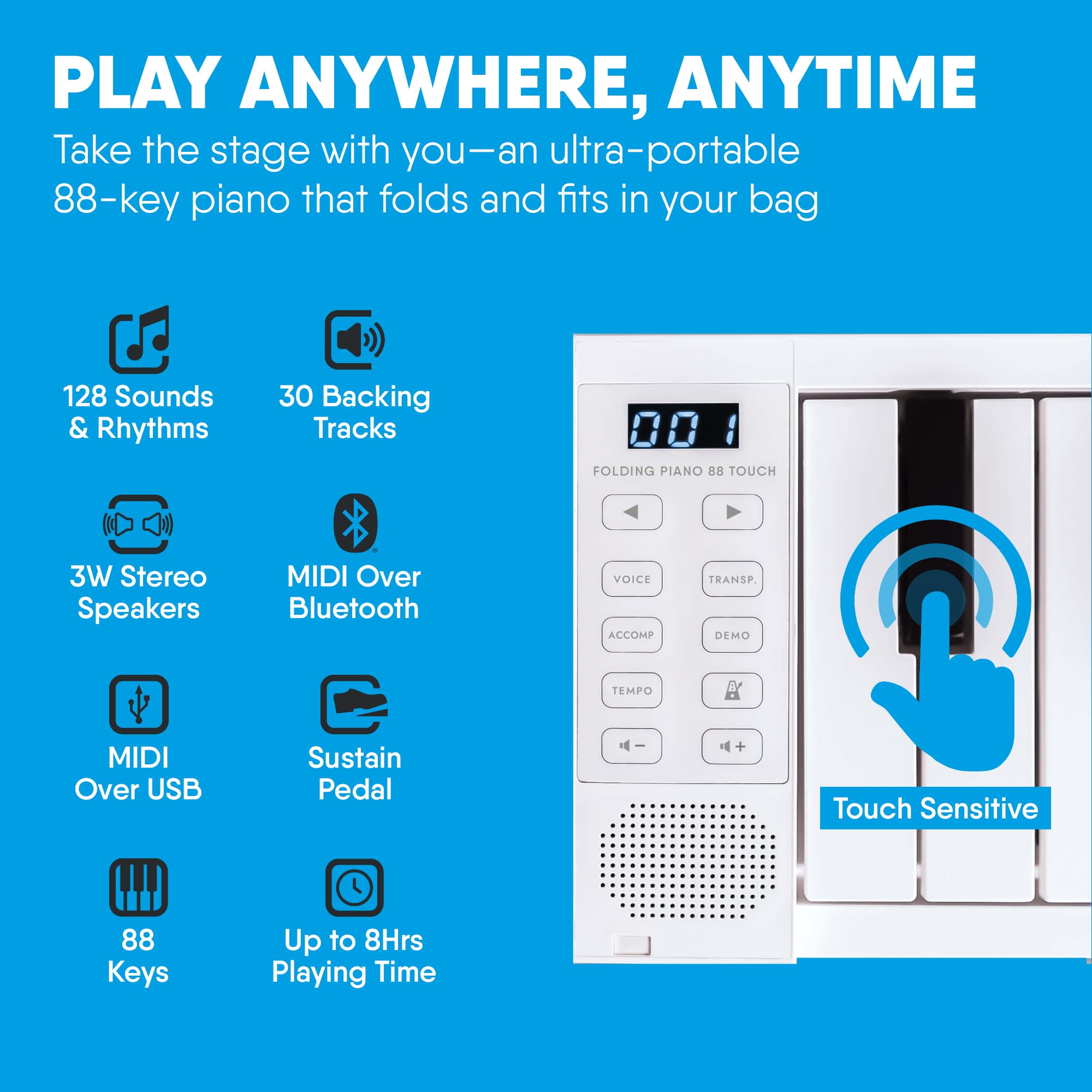 Blackstar BA215010 Carry-on FP-88 Touch 88 Tasti Touch Sensitive Bianco Portatile Pieghevole Digital Piano USB MIDI Controller con batteria ricaricabile
