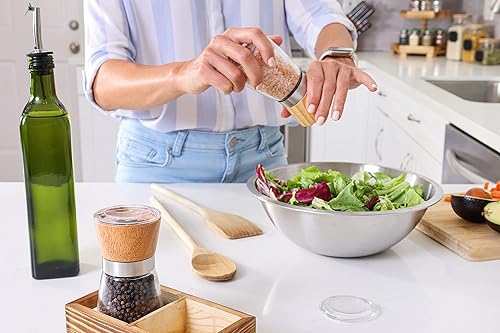 Miniatura 4 de Juego de molinillo de sal y pimienta de madera con soporte, sal marina manual, molino de pimienta y especias, recipiente de vidrio, grosor ajustable