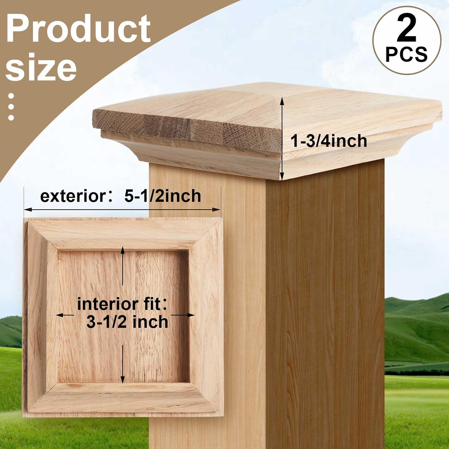 Sasylvia 2 Pack 3.5" x 3.5" Wood Newel Post Cap Fence Post Caps White Oak Mounting Kit for Indoor Stair Outdoor Fences Mailboxes Decks