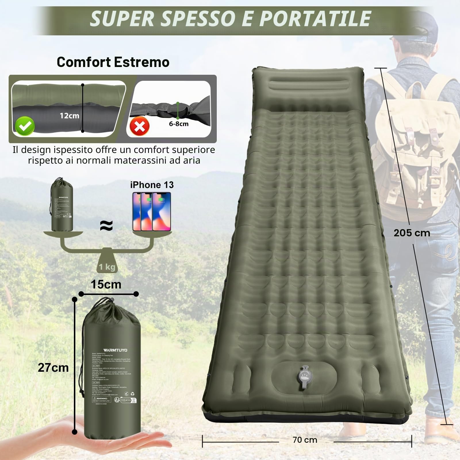 Materassino da Campeggio, Addensato 12CM Letto per Dormire All'aperto con Cuscino e Pompa a Pedale, Tappetino da Campeggio Gonfiabile Leggero Impermeabile per Escursionismo Zaino in Spalla Campeggio