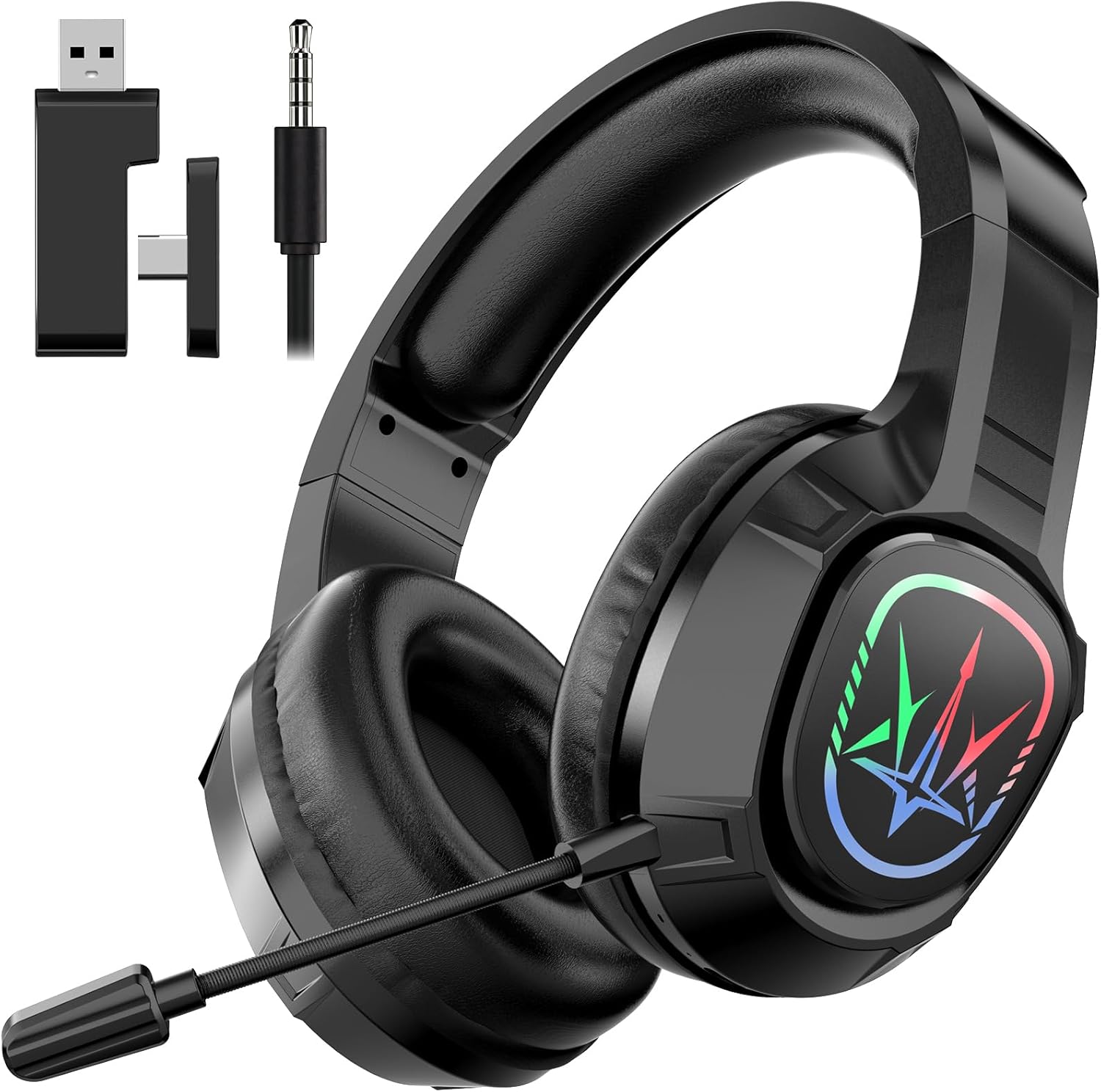 2.4GHz Wireless Gaming Headset for PC,Ps4, Ps5-Lossless Audio USB & Type-C,Wired Connection Supported,7.1 Surround Sound,40-Hour Battery, LED Light Over Bluetooth 5.3 Gaming Headphones-Black