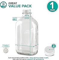 Vista 2 de Stock Your Home Botella de vidrio de medio galón con tapa (paquete de 1) jarras de 64 onzas y 3 tapas blancas, recipiente reutilizable de grado