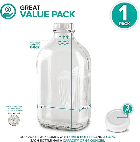 Miniatura 2 de Stock Your Home Botella de vidrio de medio galón con tapa (paquete de 1) jarras de 64 onzas y 3 tapas blancas, recipiente reutilizable de grado