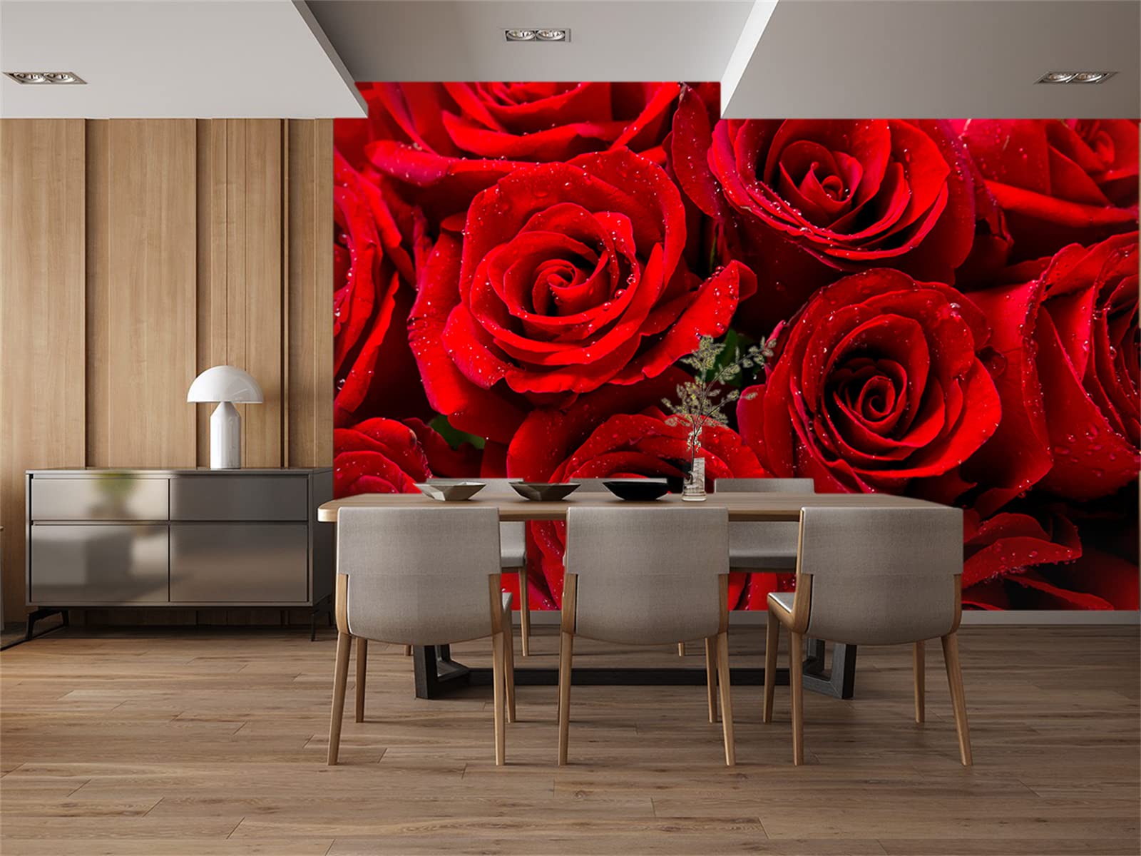 FLFK Carta da parati 3D con rose rosse e fiori, rimovibile, grande carta da parati per soggiorno, camera da letto, decorazione per la casa, 250 x 160 cm (non autoadesiva)
