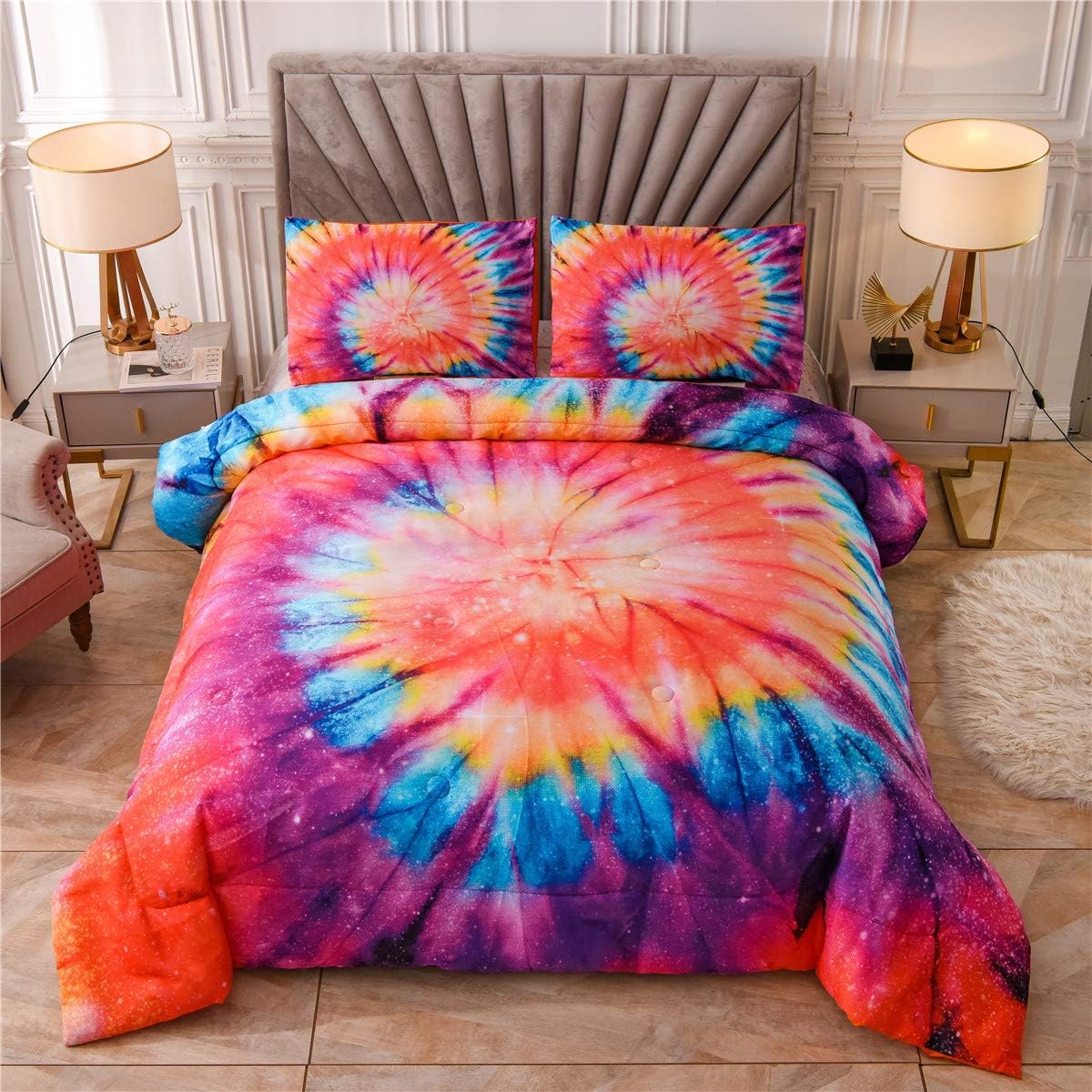 NTBED Tie Dye Printed Comforter Set Twin for Kids Girls Rainbow Trippy Boho Bedding Hippie Quilt Bed Sets (Orange, Twin)