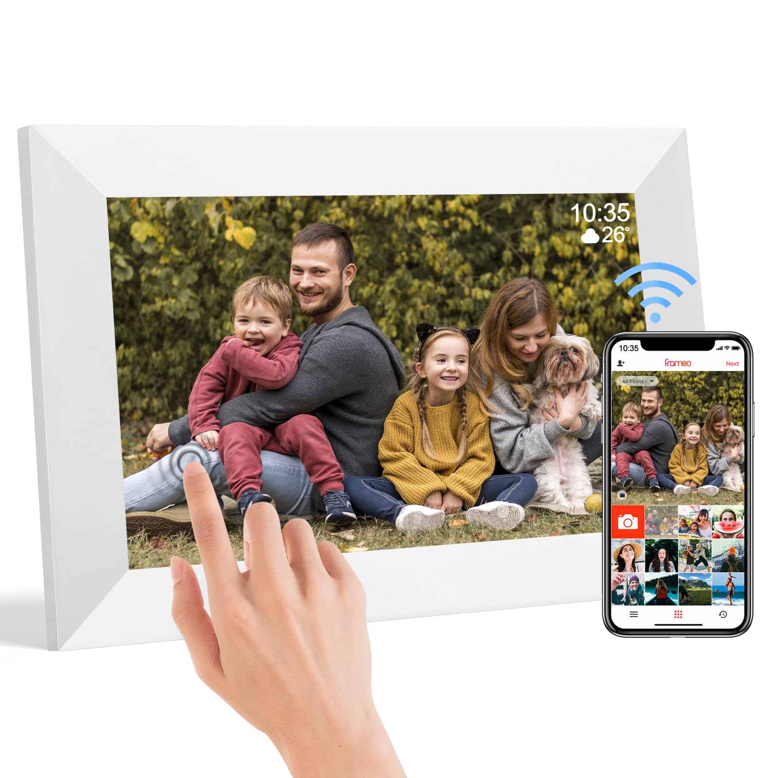 Cornice digitale WiFi da 10,1 pollici, display HD touch screen IPS 1280 x 800, cornice digitale intelligente integrata da 32 GB di memoria, rotazione automatica, condividi foto e video tramite l'app