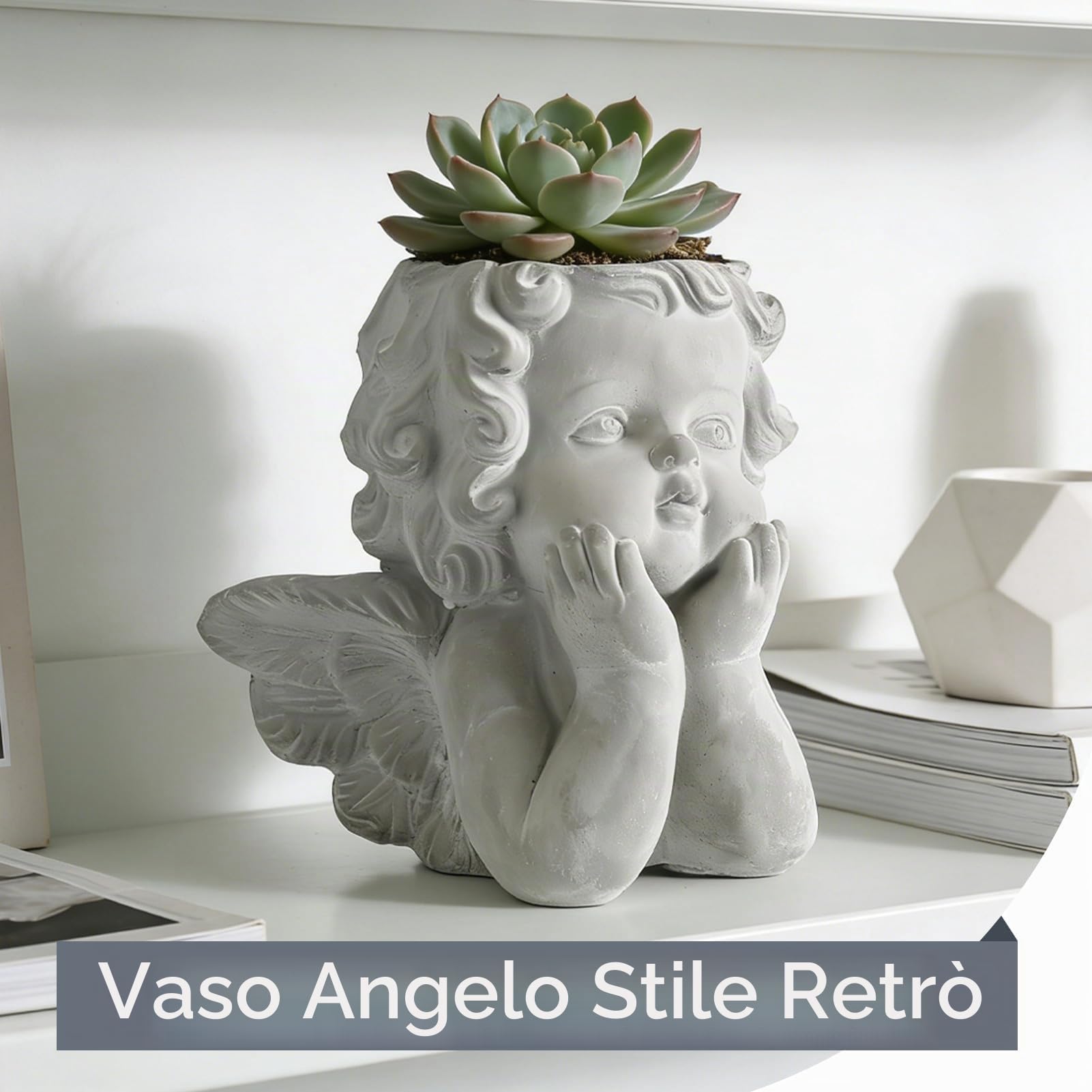 HERCHR Vaso a Forma di Testa d'Angelo, Elegante vaso da fiori in cemento per piante grasse, piante finte, Soprammobile Vintage Dipinto a Mano