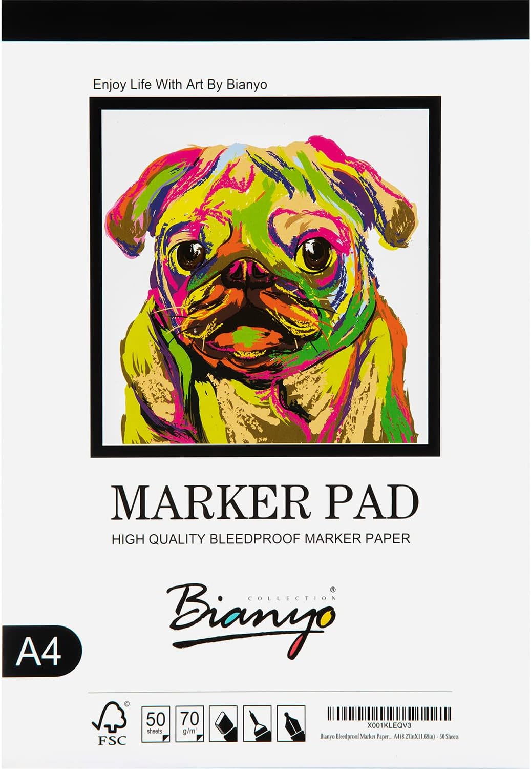 Bianyo Bleedproof Marker Paper Pad, A4(8.27"X11.69"), 50 Sheets, 18 LB / 70 GSM, Glue-Bound, 100% Cotton, White, Ideal for Use with Markers and Ink Mediums