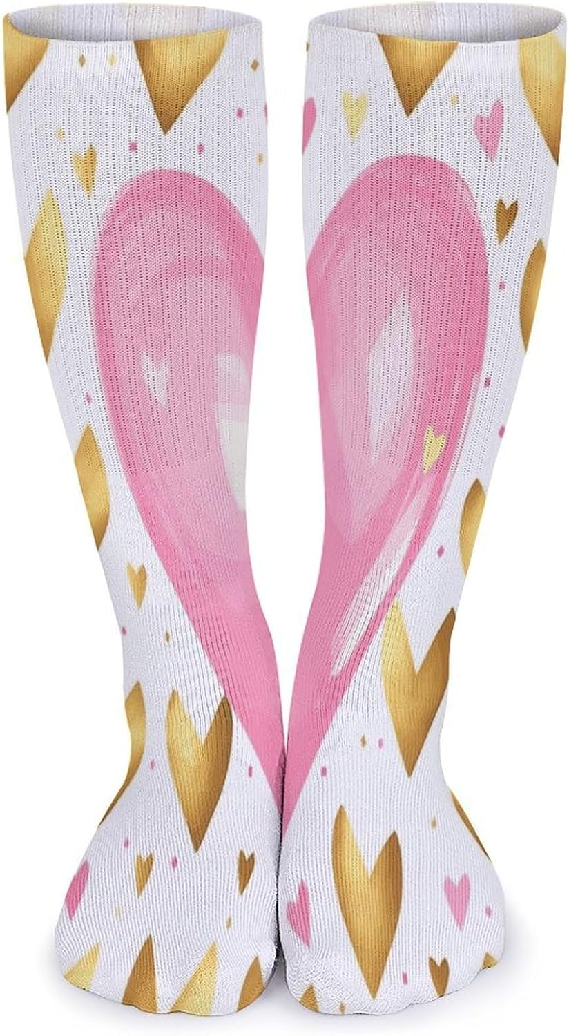Gold Pink Heart Stocking - Cute Casual Long Athletic,Crew Sock for Men Women,Running Socks Soft Breathable for Gift