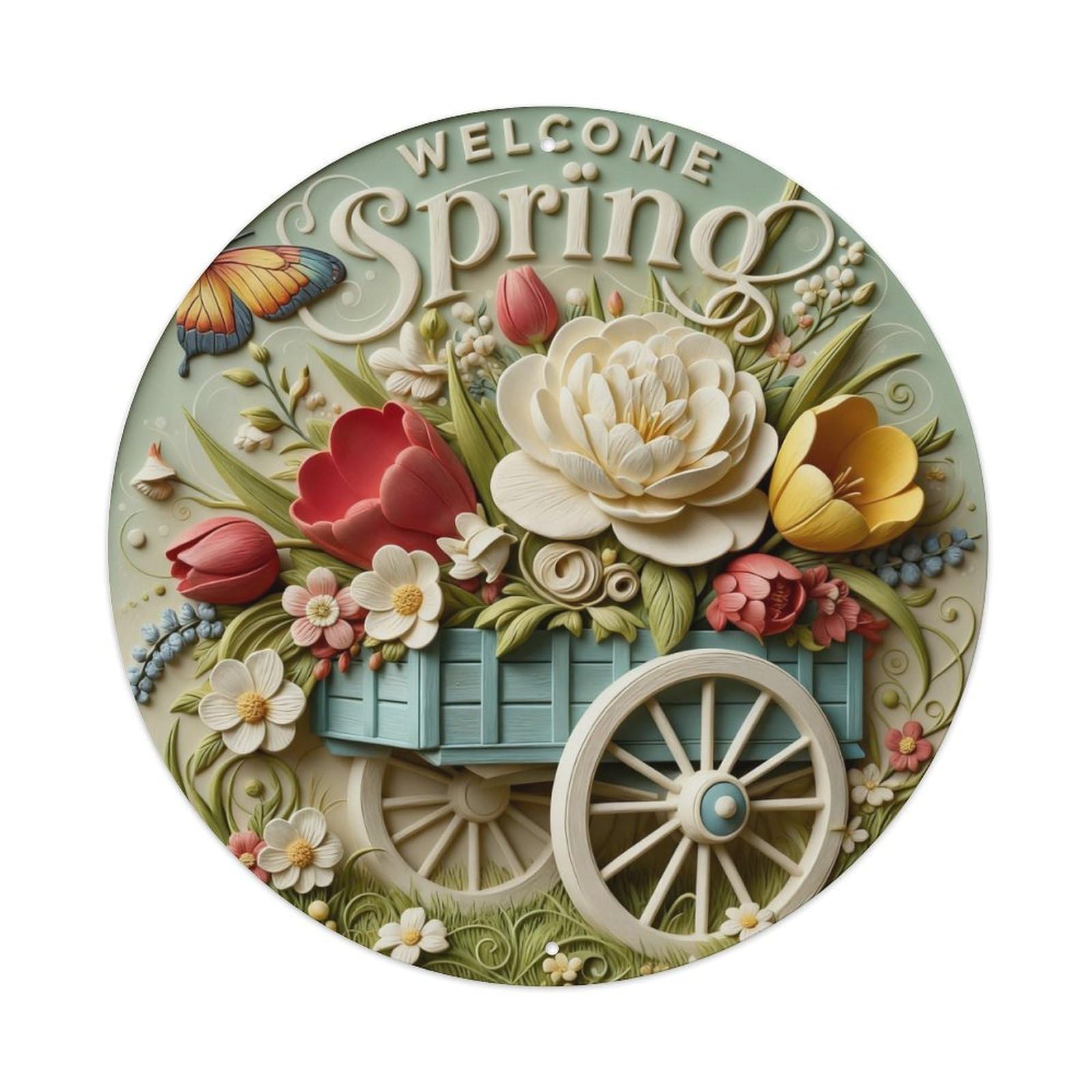 Zlatcbu Vintage Welcome Spring Floral Cart Metal Tin Sign Retro Wall Art Poster, Decor For Home Living Room Bar Cafe Garage, 8X8 Inch