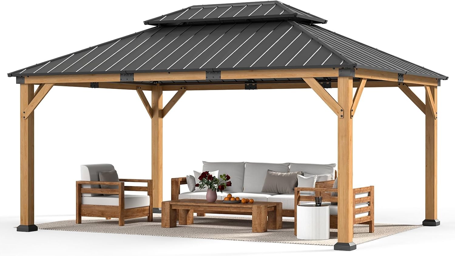 JOCOEVOL 12x16 ft Cedar Wood Gazebo Hardtop Pavilion - Double Galvanized Steel Roof, 165lbs/sqft Snow Load, Level 7 Wind Resistance for Patio & Backyard