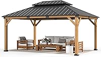 JOCOEVOL 12x16 ft Cedar Wood Gazebo Hardtop Pavilion - Double Galvanized Steel Roof, 165lbs/sqft Snow Load, Level 7 Wind Resistance for Patio & Backyard