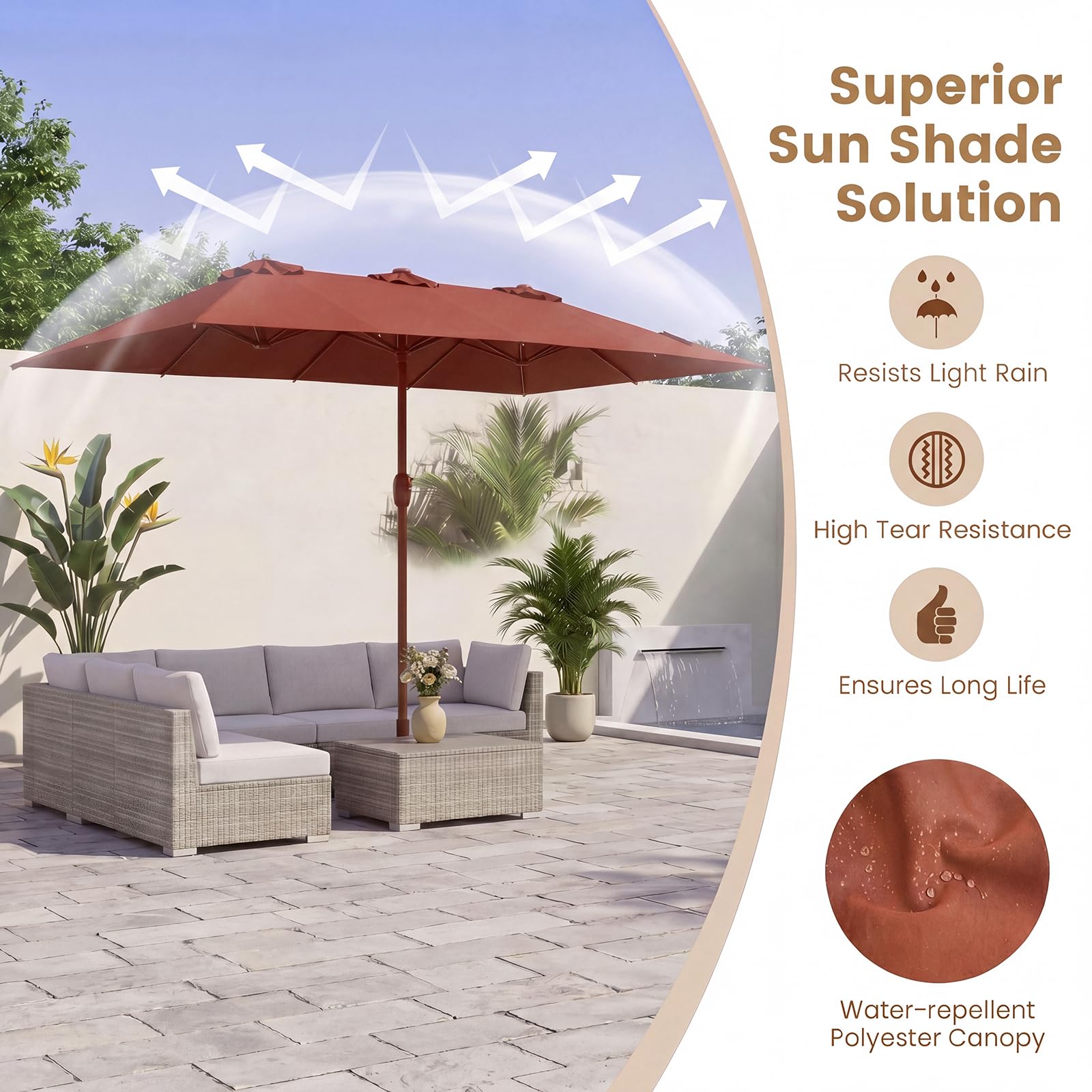GOPLUS Doppelsonnenschirm mit LED Beleuchtung, UV 50+, Sonnenschirm mit Ständer, Balkonschirm groß 470 x 280 cm, Gartenshirm mit Kurbel & 12 Rippen, Marktschirm oval (Mit Ständer,Orange)