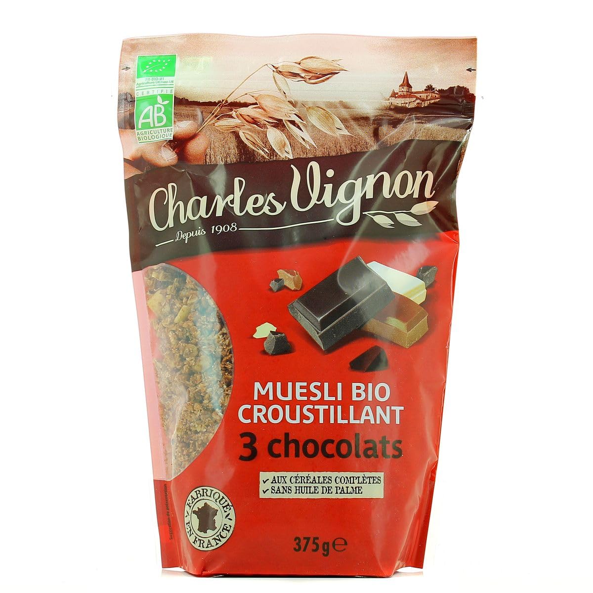 Charles Vignon – Cereales orgánicos de Charles Vignon, crujientes, 3 chocolates, 375 g, 375 g, 3 unidades, se vende en set