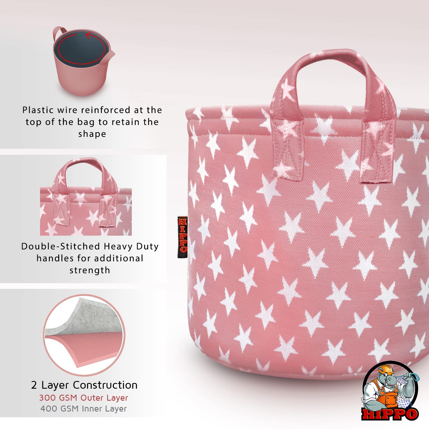 HIPPO Designer Non-woven Polyester Cute Baby Toy Bin for Smart Mothers Unbreakable Toy Storage Basket For Babies Laundry Basket Cloth Storage Bin (Pink-Star, Pack of 1 pc) 2