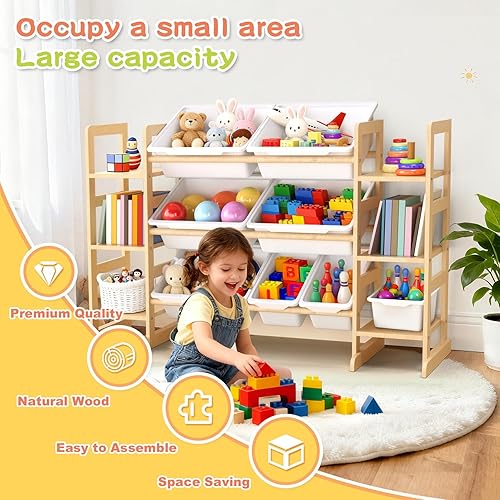 Miniatura 6 de Wooden Toy Storage Organizer for Kids, Multi-Tier Toy Organizer with Bins & Side Montessori Bookshelves, Sturdy Natural Wood Playroom Storage