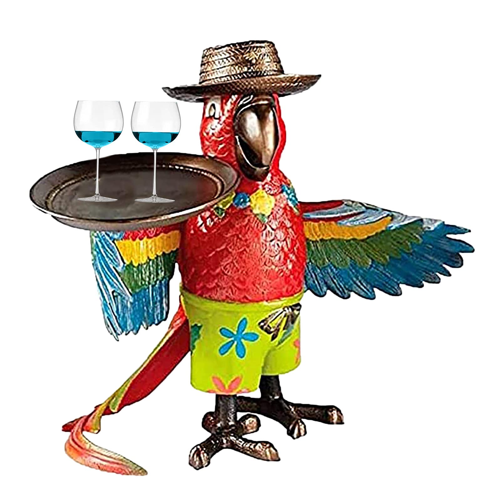 Sand Beach Parrot Statue, Drink Serving Parrot Butler, Garden Swimming Pool Resin Ornament Figurine Statue, Drink Serving with Tray, Wine Glass Holding Tray Parrot Sculpture Handicraft (Multi)