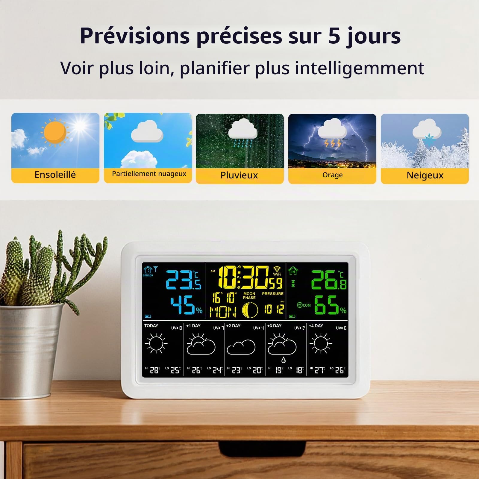Horloge météo WiFi Prévisions sur 5 jours Thermomètre et hygromètre intérieur Phase Pression atmosphérique Date Alarme Réglage de la luminosité Grand écran couleur