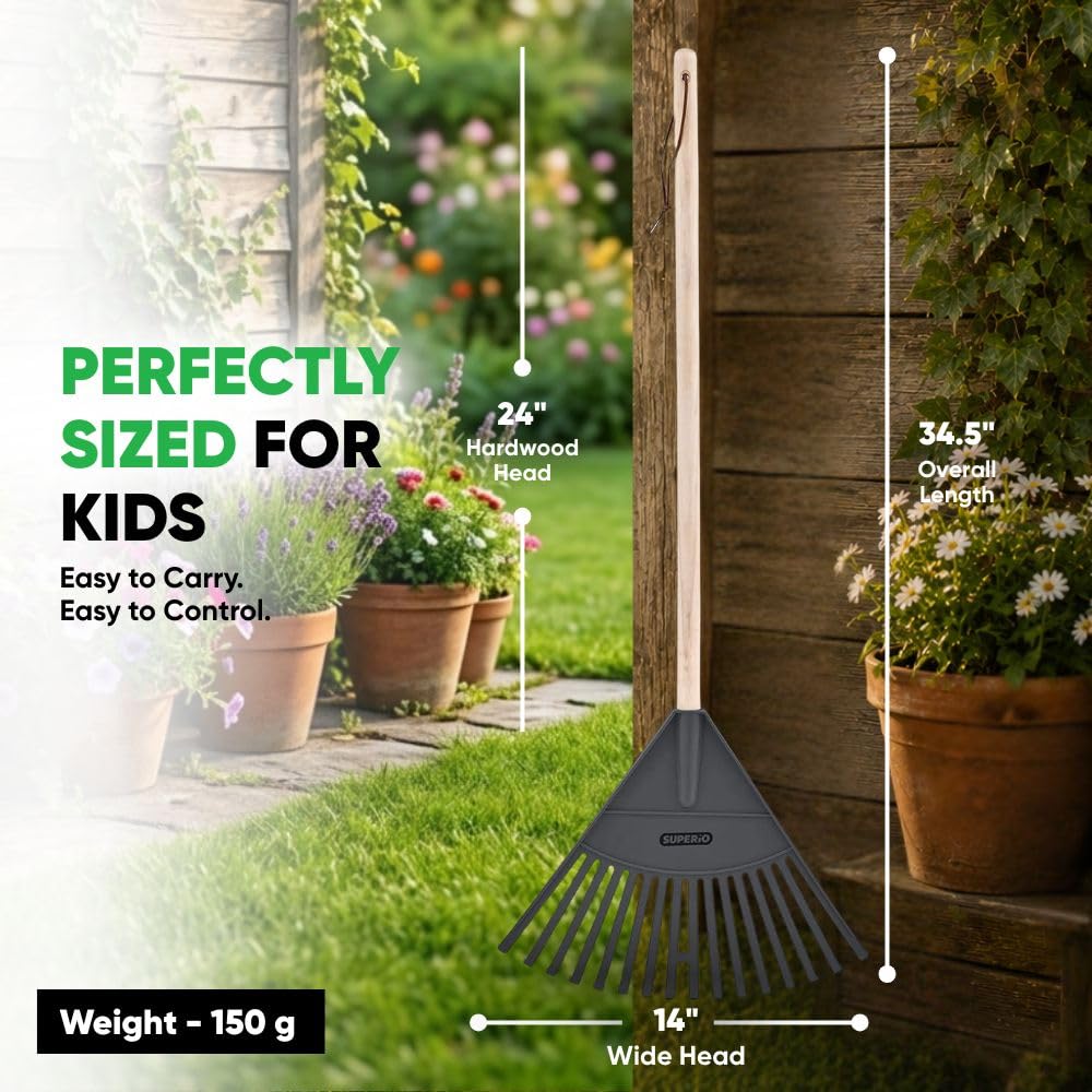 Superio Rastrello per bambini con manico in legno duro, testa in plastica resistente per spazzare le foglie nel prato e riordinare il giardino, altezza 86,4 cm (3, grigio)
