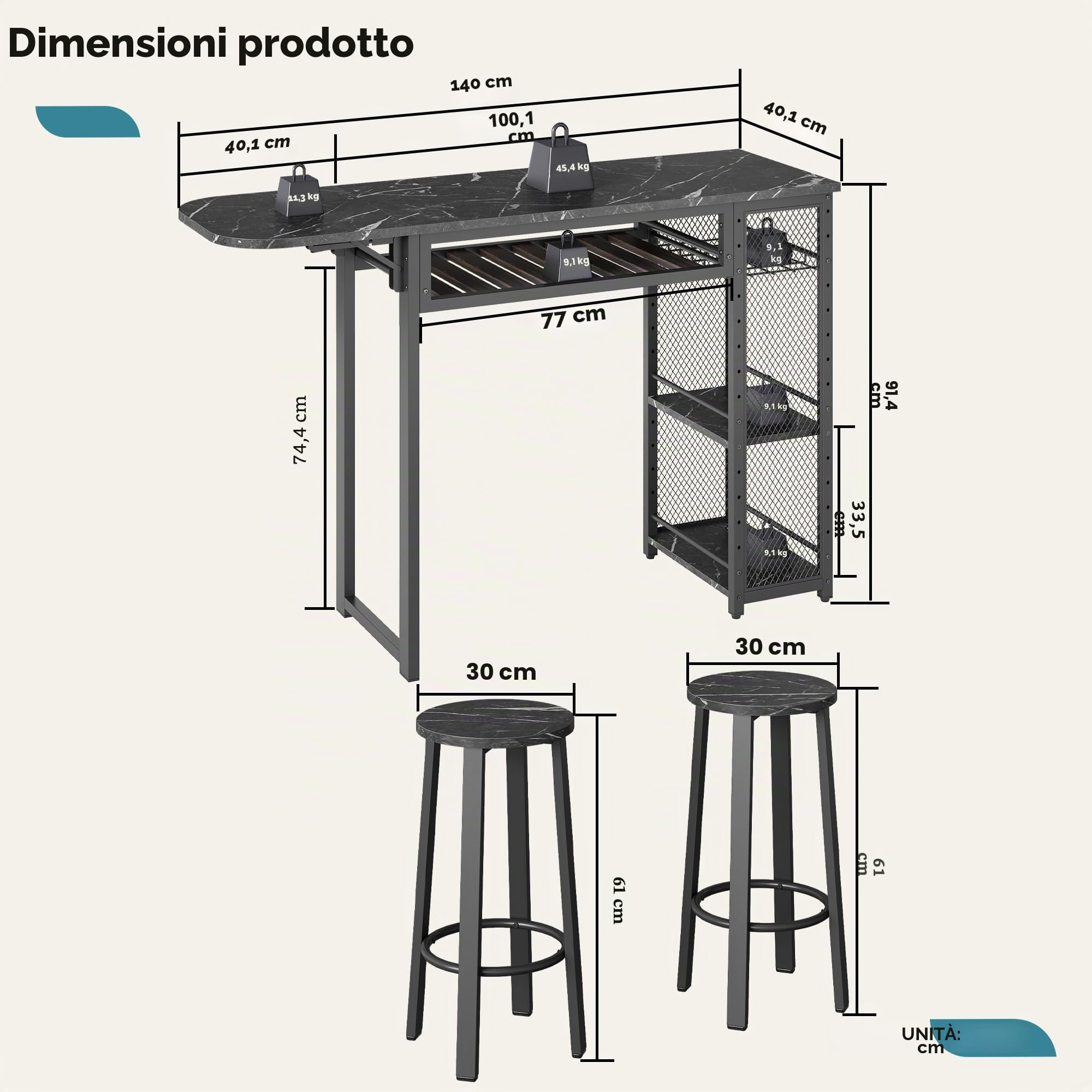 Set tavolo da bar con 2 sgabelli da bar, tavolo da pranzo con supporto per bicchieri da vino e ripiano, tavolo da cucina in stile industriale, tavolo da bar e bistrot (nero)