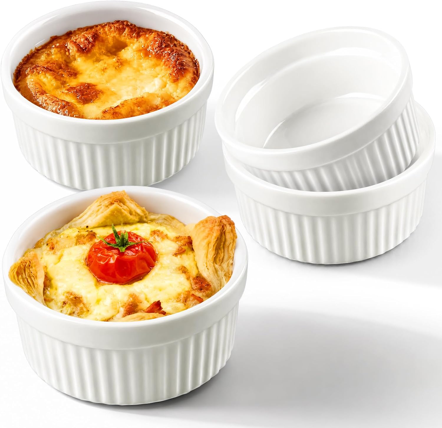 Ramekins 4 oz Oven Safe, Porcelain Creme Brulee Ramekins Pudding Custard Cups Baking Individual Desserts, Ceramic Souffle Dishes Baking Bowls Go in the Dishwasher Set of 4