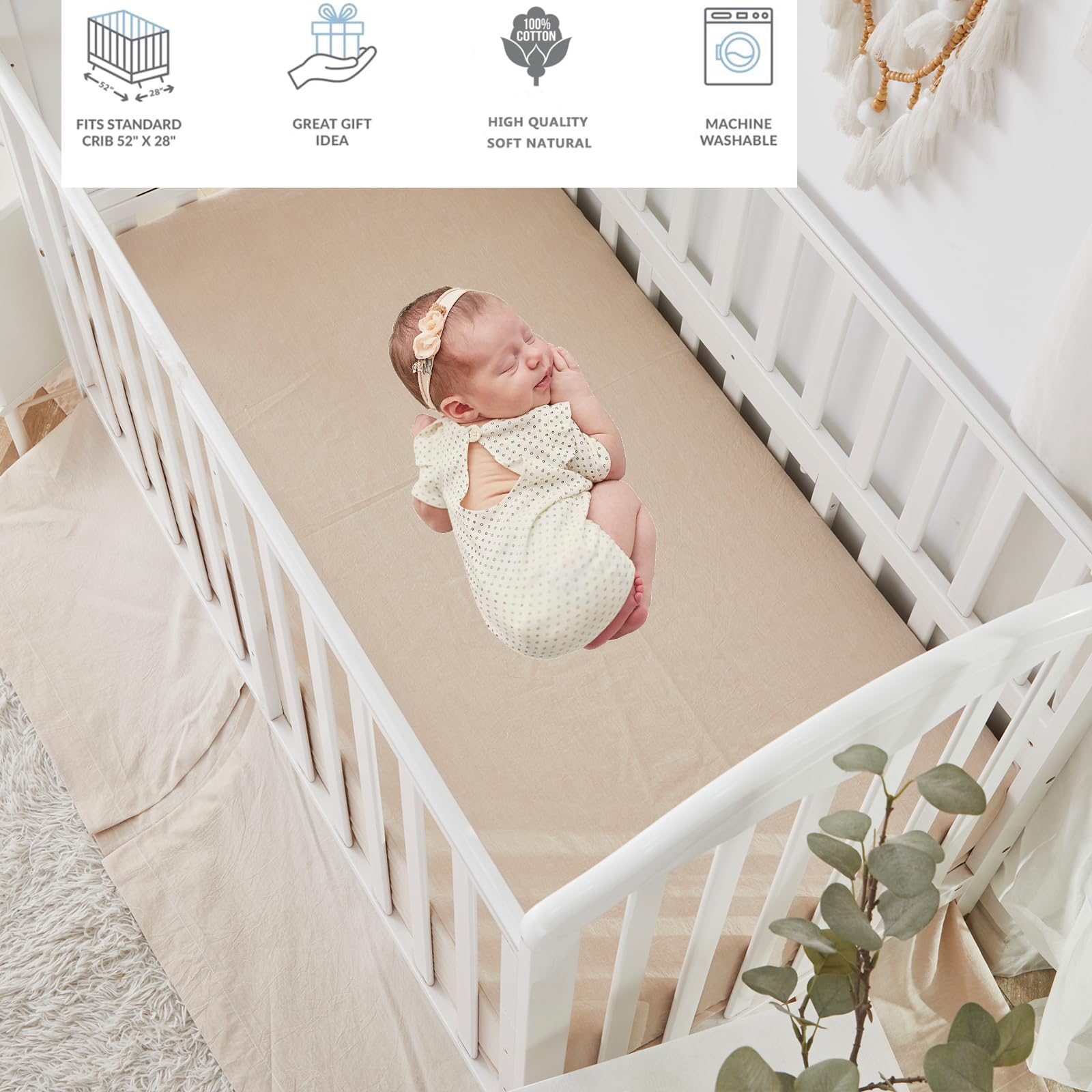 Brandream Juego de ropa de cama beige de 3 piezas para cuna para niñas o niños, sábana de cuna, falda con volantes antipolvo, 100% algodón lavado como lino, súper suave, diseño clásico acolchado a