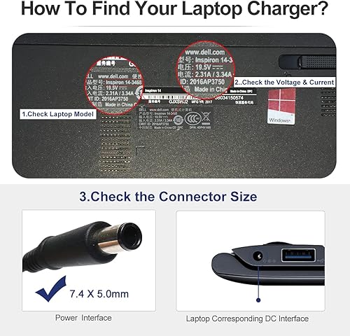 Miniatura 4 de Adaptador de CA de 19.5V 3.34A 65W Cargador para portátil compatible con Dell Latitude 3190 3189 5400 5480 5490 7490 E5500 E5470 E6430 E6500 E6530